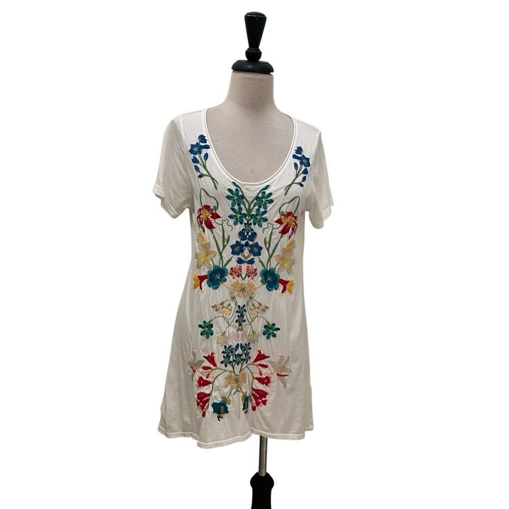 Johnny Was Women's Boho Floral Embroidery Adele Drape Tunic Dress White Medium